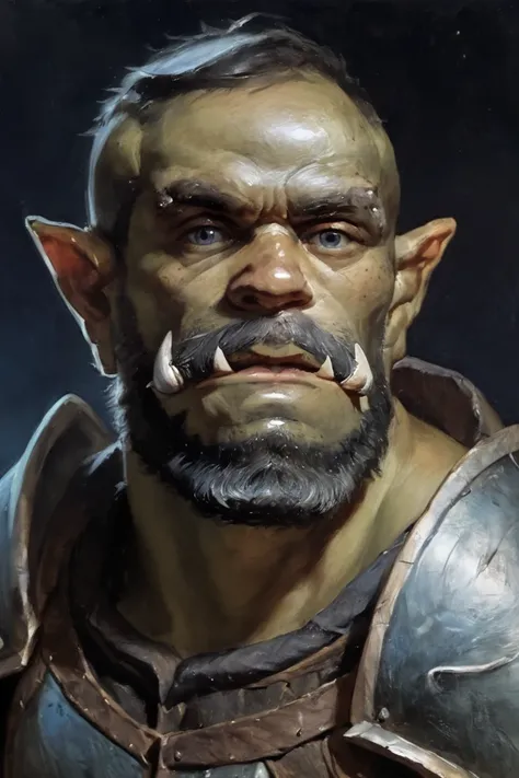 score_9, score_8_up, score_7_up, rating_safe, oil painting, traditional media, realistic, 1boy, solo, male focus, mature male, orc, green skin, tusks, blue eyes, short hair, black hair, facial hair, beard, mustache, looking at viewer, armor, shoulder armor...