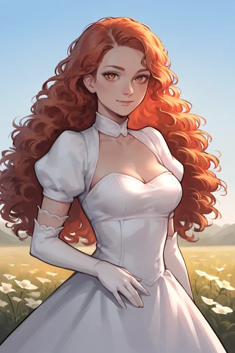 score_9, score_8_up, score_7_up, rating_safe, 1girl, solo, long hair, curly hair, wavy hair, orange hair, orange eyes, looking at viewer, breasts, dress, white dress, puffy sleeves, puffy short sleeves, short sleeves, gloves, elbow gloves, white gloves, co...