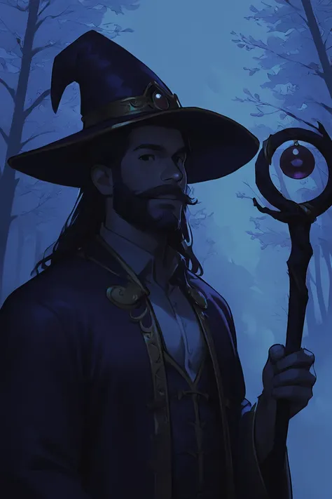 score_9, score_8_up, score_7_up, rating_safe, dark theme, low light, 1boy, solo, male focus, mature male, wizard, long hair, brown hair, black eyes, looking at viewer, hat, facial hair, beard, mustache, staff, wizard hat, purple hat, shirt, collared shirt,...