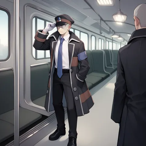 score_9,score_8_up,score_7_up,score_6_up,source_anime,rating_questionable, 1boy, solo, looking at viewer, standing, train interior, <lora:Ingo_-_Pokemon_BWPLA:0.8> Ingo_BW, grey hair, grey eyes, sideburns, black hat, black coat, white shirt, tie, black sho...