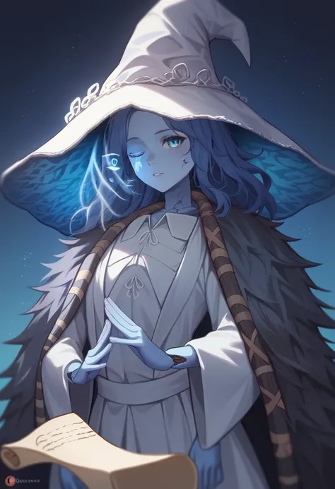 score_9,score_8_up,score_7_up,<lora:ranni_the_witch_pony:1>,cracked_skin, extra_faces, sparkle, blue_background, scroll, fur_cape, pillarboxed, 1girl, large_hat, extra_arms, blue_skin, twitter_username, artist_name, solo, white_robe, ranni_the_witch, witch...