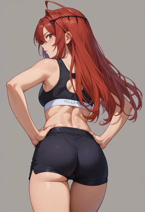 score_9, score_8_up, source_anime, 1girl, solo, ElizabethRB, long hair, ahoge, hair ornament, from behind, looking back, hands on hips, sports bra, black shorts, ass, <lora:ChamElizabethBloodflamePonyXL:1>