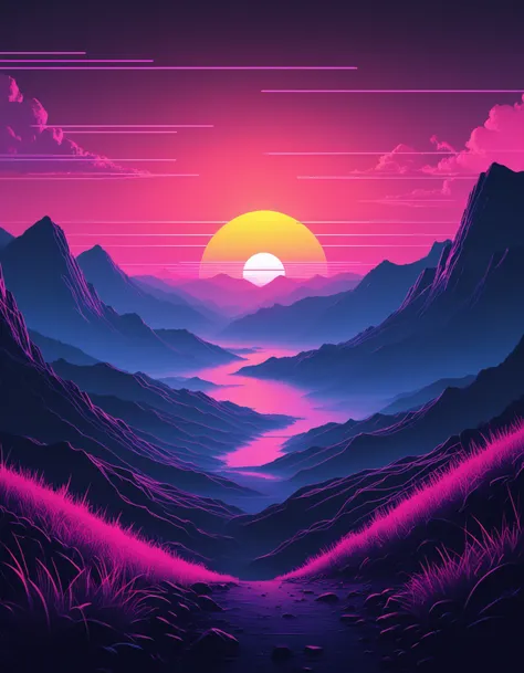 valley, sunrise, art in the style of synthwave and national park poster