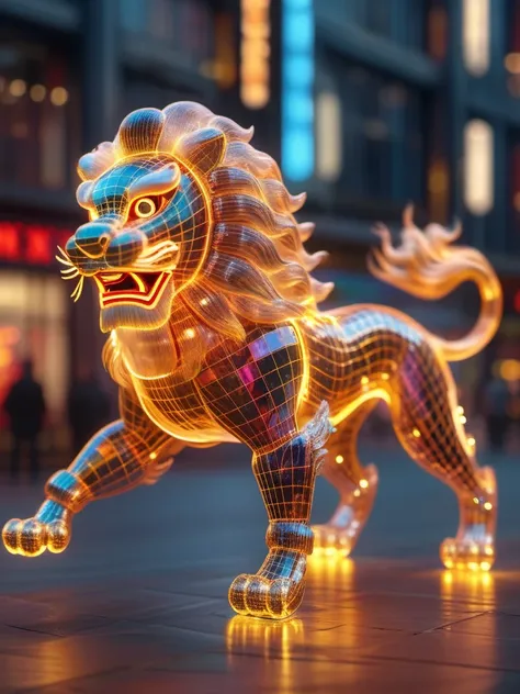 FRESHIDEAS Levitation,Wireframe Hologram Skyscraper,Holographic (Lion Dance, nan) Display,3D,Blur Background,Bokeh,City Lights,Depth of Field,Ferris Wheel,Flames,Lighting Effects,Full Body Shot,Sci-Fi Futuristic Style,High Resolution. ...,