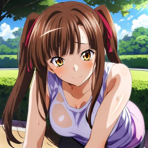 (masterpiece), best quality, expressive eyes, perfect face ,Murayama, 1girl, brown hair, brown eyes,  two ponytails, Big breast, wide hips, 1girl, tank top, short, day, park,