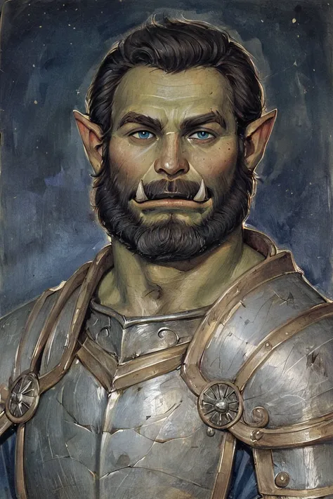 score_9, score_8_up, score_7_up, rating_safe, gothic art, oil painting, traditional media, realistic, 1boy, solo, male focus, mature male, orc, green skin, tusks, blue eyes, short hair, black hair, facial hair, beard, mustache, looking at viewer, armor, sh...