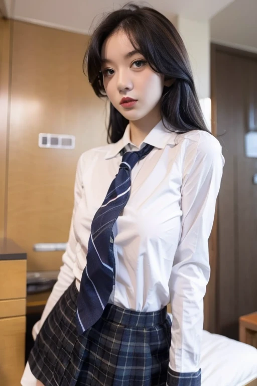 1girl, school uniform, white shirt, red necktie, black mini skirt, looking at viewer, (sfw:2), upper body,  <lora:anran4-10:1>