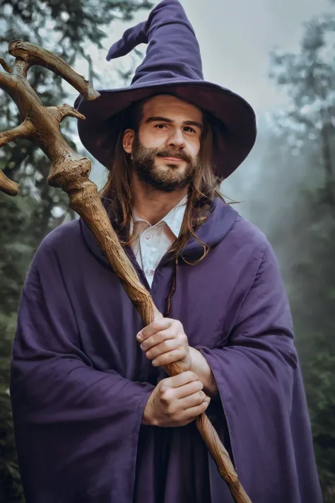 score_9, score_8_up, score_7_up, rating_safe, raw, photo, realistic, 1boy, solo, male focus, mature male, wizard, long hair, brown hair, black eyes, looking at viewer, hat, facial hair, beard, mustache, staff, wizard hat, purple hat, shirt, collared shirt,...