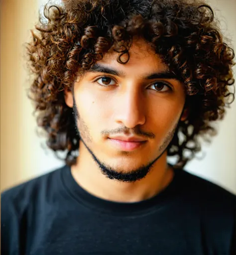 Close-up portrait of a young man with curly hair,looking at the camera,natural light,warm color tones,casual black T-shirt,simple background,20 years old,Middle Eastern or Southern European appearance,detailed textures,soft focus,subtle use of depth of fie...