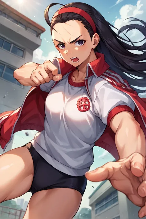 score_9, score_8_up, score_7_up, source_anime BREAK 1girl, solo, justice_iintyo, red gym uniform, open jacket, white shirt, black buruma, forehead, red hairband, black hair, long hair, looking at you, (serious:0.5), open mouth, fighting stance, school, roo...