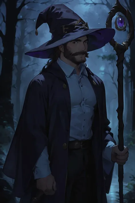 score_9, score_8_up, score_7_up, rating_safe, dark theme, low light, 1boy, solo, male focus, mature male, wizard, long hair, brown hair, black eyes, looking at viewer, hat, facial hair, beard, mustache, staff, wizard hat, purple hat, shirt, collared shirt,...