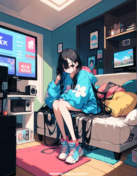 score_9,score_8_up,score_7_up, ,, indoors,karaoke,oversized hoodie,1girl,solo,full body,black hair,black eyes ,very long hair,multicolored footwear,, smile