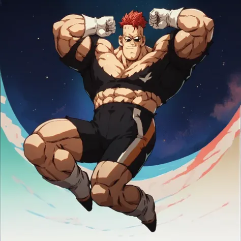 score_9, score_8_up, score_7_up, rcmeng BREAK full body, 1boy, red hair, black eyes, fair skin, muscular, posing, space background,