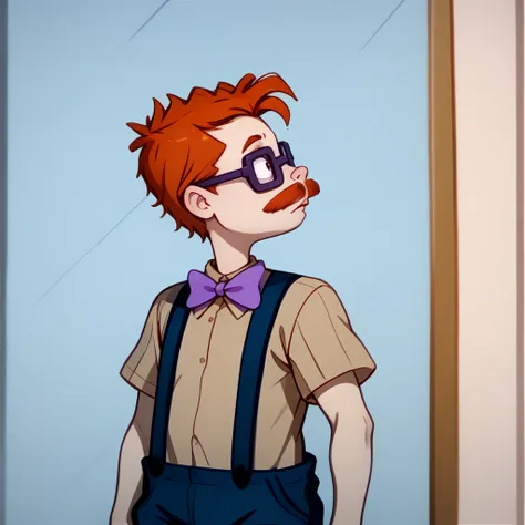 <lora:Charles_Norbert_Chas_Finster_-_Rugrats_-_1992-10:1.35>1boy, male focus, solo, glasses, mustache, square framed glasses, red hair, orange hair, bow, bowtie, purple bowtie, striped yellow shirt, suspenders, shirt, short sleeves, yellow shirt, pants, pr...