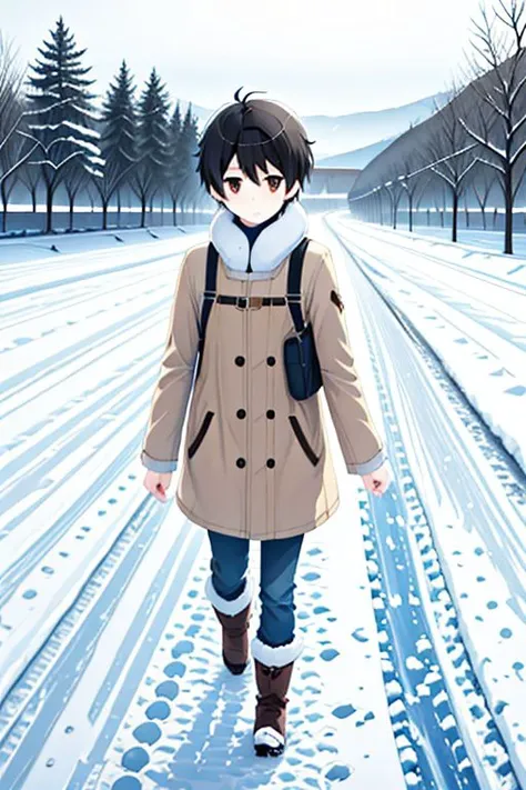 high resolution, solo, best quality, 1Boy, Inaho Kaizuka, Black hair, Brown Eyes, Walking in the snow, footprints, winter, serene, OverallDetail