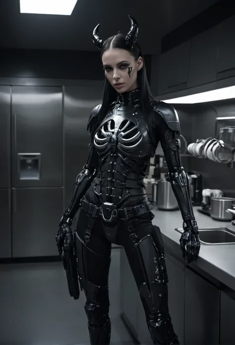 Techwear fashion masterpiece, high resolution, detailed best quality, foto realistic, chiaroscuro, 
hybrid (woman:.5:skeleton_android:.6) in kitchen of warlord satan  . Futuristic, cyberpunk, urban, tactical, sleek, dark, highly detailed