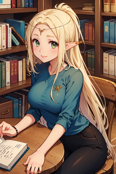 masterpiece, best quality, 1girl,  <lora:eo5warlock-nvwls-v1-000009:0.9> eo5warlock, pointy ears, blonde hair, green eyes, ponytail, circlet, large breasts, blue t-shirt, black pants, sitting, chair, table, looking at viewer, smile, bookshelf