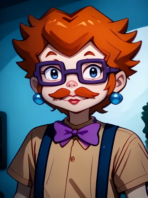 <lora:Charles_Norbert_Chas_Finster_-_Rugrats_-_1992-10:1.0>1boy, male focus, solo, glasses, mustache, square framed glasses, red hair, orange hair, bow, bowtie, purple bowtie, striped yellow shirt, suspenders, shirt, short sleeves, yellow shirt, portrait, ...