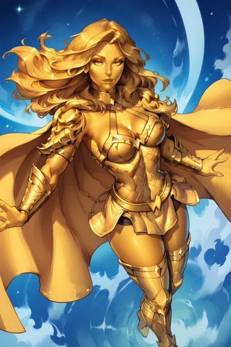 score_9, score_8_up, score_7_up, masterpiece, high quality, BREAK
 <lora:Anti-CrisisWWPonyLoRA:1>anticrww, long hair, yellow theme, colored skin, golden skin,pauldrons, bracer, gold armor, breastplate, cape, collar, golden skirt, cleavage, belt, thighhighs...