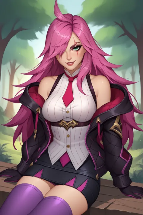 score_9, score_8_up, score_7_up, score_6_up, score_5_up, score_4_up, BREAK, KatarinaBAXL, katarina (league of legends), scar across eye, green eyes, pink hair, long hair, hair over one eye, ahoge, medium breasts, bare shoulders, open jacket, black jacket, ...