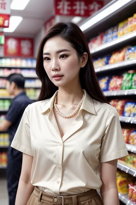 Asian woman, closeup, (shirt), pants, (convenience store), pearl necklace , (), KM_taylor, wide shoulders, perfect face, (contact iris: 1.1), pale skin, skin pores , depth of field