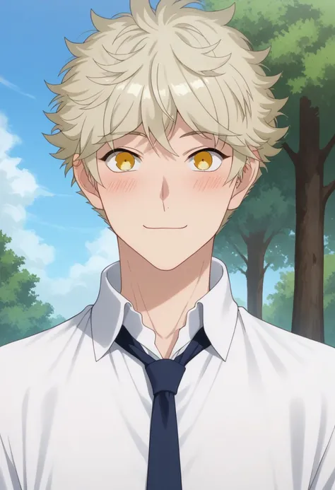 score_9, score_8_up, score_7_up, source_anime, highly detailed, 
yatora, 1boy, slender, skinny, male focus, solo, yellow eyes, short hair, blonde hair, shirt, collared shirt, necktie, smile, blush
outdoor, sky, tree,