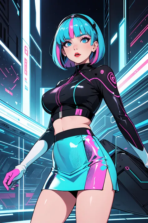 masterpiece, high quality, very detailed, Short, A-line bob, vibrant hair color, tech-inspired hair accessories, expressive eyes, high cheekbones, bright lips, holographic makeup, futuristic attire, confident, bold, advanced, flat colors, huge breasts, min...