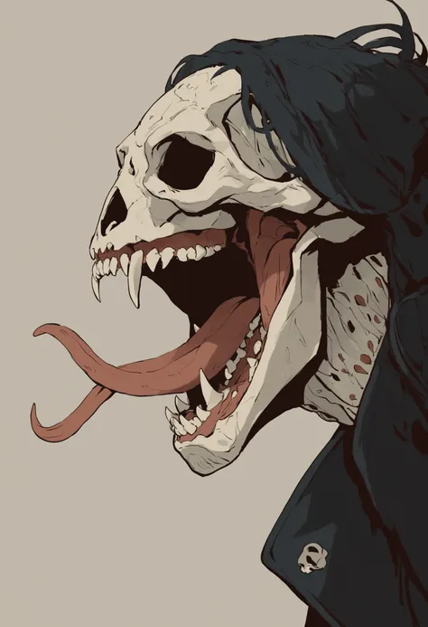 <lora:invincible_v2:1> invncbl, artbook illustration, score_9, score_8_up, score_7_up,  score_6_up, score_5_up, score_4_up, solo, animal skull head, screaming, long split tongue, fangs, head closeup, black leather coat, horror atmosphere, side view