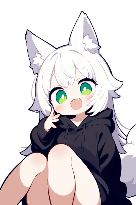 1girl, solo, long hair, green eye, white hair, wolf ears, wolf tail, black hoodie, white background, simple background, :d, fang...