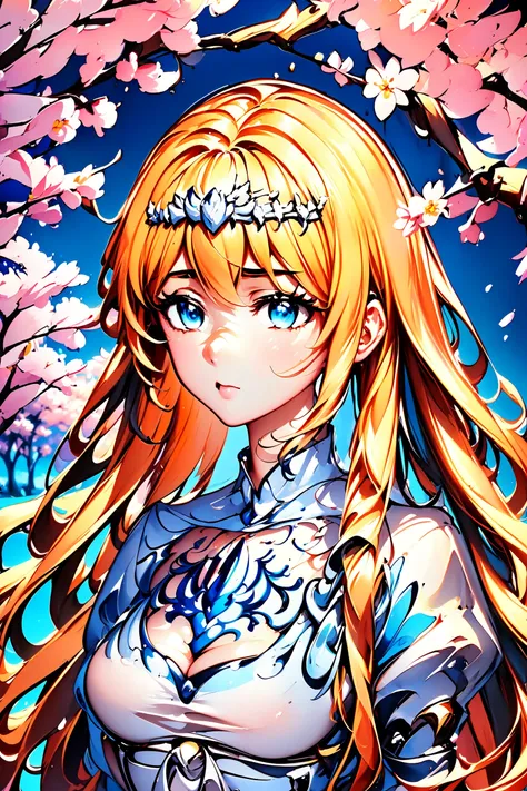 (masterpiece: 1.2)), beautiful and aesthetic girl, extreme detailed, highest detailed image, ((detailed eyes)), ((light particles)),, cherry blossom, cherry blossoms.,1girl, solo, Calca, Calca Bessarez, blonde hair, (extremely long hair:1.3), very long hai...