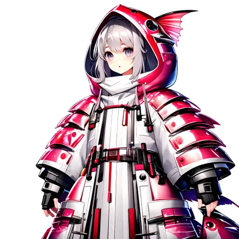 <lora:madaiishou_v1:1>, madaiishou, 1girl, solo, light grey eyes, light grey hair, light grey skin, looking at viewer, gloves, fingerless gloves, hood, white background, bangs, parted lips, armor, simple background, long sleeves