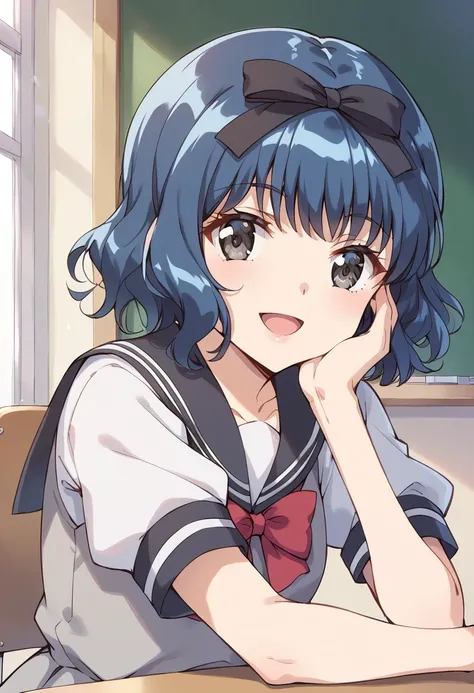 score_9, score_8_up, score_7_up, source_anime BREAK
aizawa mint, 1girl, solo, blue hair, serafuku, school uniform, sailor dress, (grey dress:1.4), white sleeves, puffy short sleeves, short hair, smile, open mouth, blue eyes, hair bow, head rest, hair ribbo...