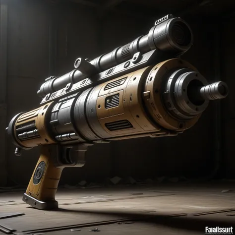 PHOTOREALISTIC_FALLOUT_STYLE_IMAGE of ZF-1 Multi-purpose weapon-from The Fifth Element | Advanced weapon | Known for its various functions | Central to the film | Used by Zorg | Imax | Autodesk Maya/Arnold Vray | Industry-standard software | Used for 3D UN...