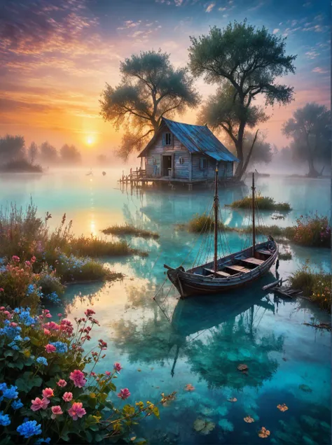 grunge style a sailing ship,in a lagoon,cristal clear water,fisherman's hut on ground,sunset,fog atmosphere,blue light,colorful,...