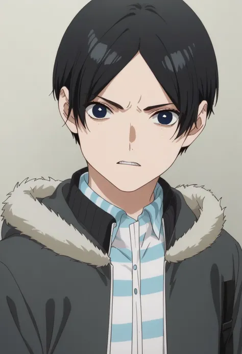 score_9, score_8_up, score_7_up, source_anime, highly detailed, 
yotasuke. solo, black hair, 1boy, shirt, male focus, looking at viewer, striped shirt,
short hair, black eyes, jacket, striped, parted bangs, upper body, fur trim,
parted lips, collared shirt...