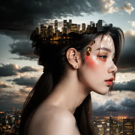 A portrait of an beautiful woman with double exposure and a cityscape in the clouds. The background is a cloudy sky, with the lights from buildings glowing through it. Her hair flows around her face as she gazes into distance, embodying serenity and beauty...