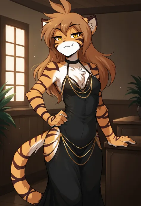 score_9, score_8_up, score_7_up,score_6_up,score_5_up, source_furry
BREAK
solo, furry female anthro, long hair, small breasts, (seductive, smug), black dress, cleavage, clothing cutout, gold chain, halter dress, hip vent, meme attire, modakawa dress, (indo...