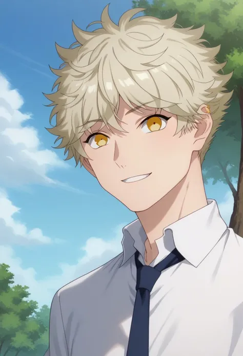 score_9, score_8_up, score_7_up, source_anime, highly detailed, 
yatora, 1boy, slender, skinny, male focus, solo, yellow eyes, short hair, blonde hair, shirt, collared shirt, necktie, smile,
outdoor, sky, tree,