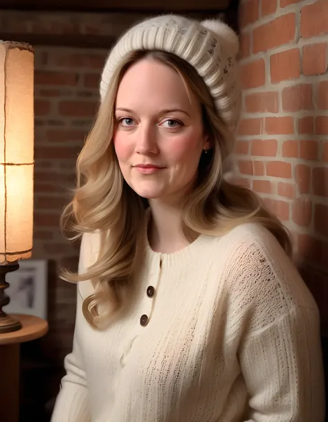 In a captivating black and white photograph, Cara Theobold, with her expressive eyes accentuated by thick, dark lashes, poses thoughtfully in a quaint English countryside cottage. She is dressed in a vintage, oversized cream sweater adorned with intricate ...