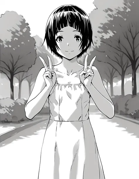 score_9, score_8_up, score_7_up, score_6_up, score_5_up, score_4_up, greyscale, monochrome,
1girl, solo,
KonomiHarukaze_T1V1, short hair, blunt bangs, flat chest,
sundress, bare shoulders, collarbone,
standing, hands up, double v,
looking at viewer, smile,...