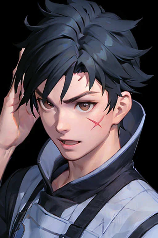 Facial close-up,1boy,male focus,full body,handsome,cute,huge filesize,game cg,Face Repair,presenting armpit
dark blue black hair,brown eyes,X scar on the right forehead,kawaii,handsome,solo,ultra detailed,masterpiece,best quality,((masterpiece)),(highres),...