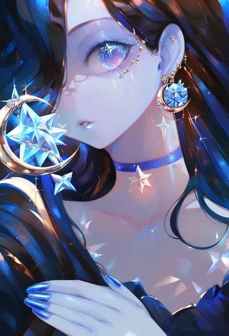 score_9, score_8_up, score_7_up, score_6_up, <lora:OH4XL_P6_lokr_V4312:0.95> 1girl, solo, blue nails, jewelry, blue eyes, earrings, crescent, long hair, blue hair, star (symbol), blue theme, looking at viewer, colored skin, hair over one eye, parted lips, ...