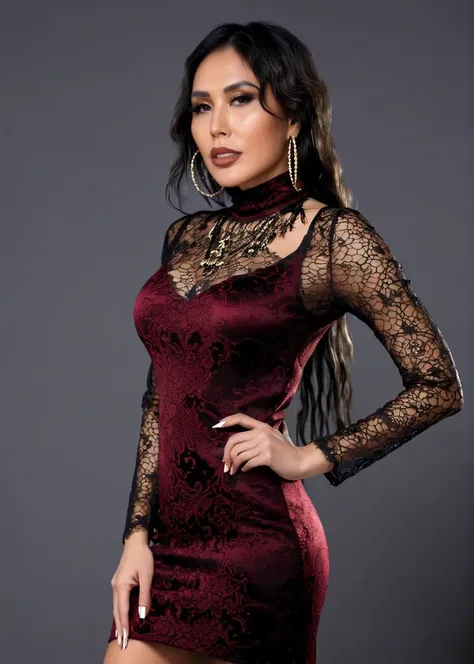 luxury product style, captivating masterpiece of an woman with black hair in a ((((neckholder dress with turtleneck)))) ,long earrings, necklace, half body, The intricate lace and gold details exude a very rebellious aura. ((The use of high-shine gloss add...