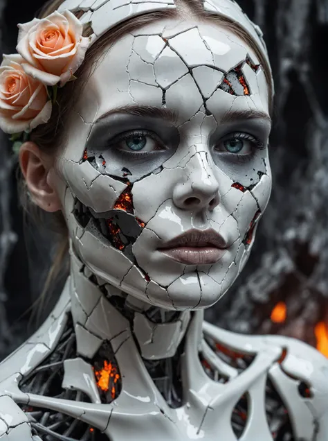 death of a beautiful humanoid female,a broken android,digital art,cracked porcelain face and lava,((ral-lava)),futuristic look,c...