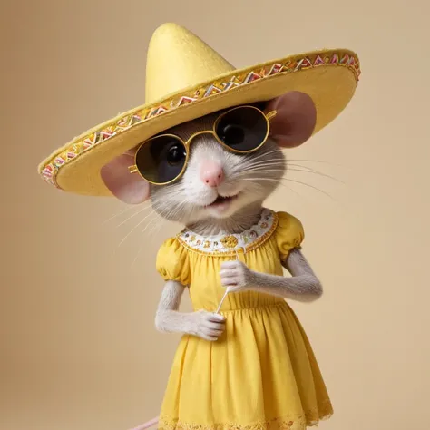 Dreamscape mouse standing with sombrero and sunglasses yellow dress  on head, holding remote control conected with wires into head 
Trompe Lâoeil style  . Surreal, ethereal, dreamy, mysterious, fantasy, highly detailed