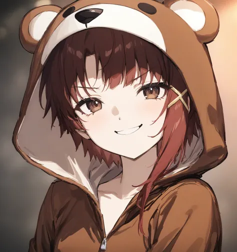 1girl, iwakura lain, brown eyes, bear suit, animal costume, one-piece suit, small breasts, flat chest, upper body, portrait, animal hood, smile, smug, looking at viewer, (fully clothed:1.2), high quality, masterpiece, newest, very aesthetic