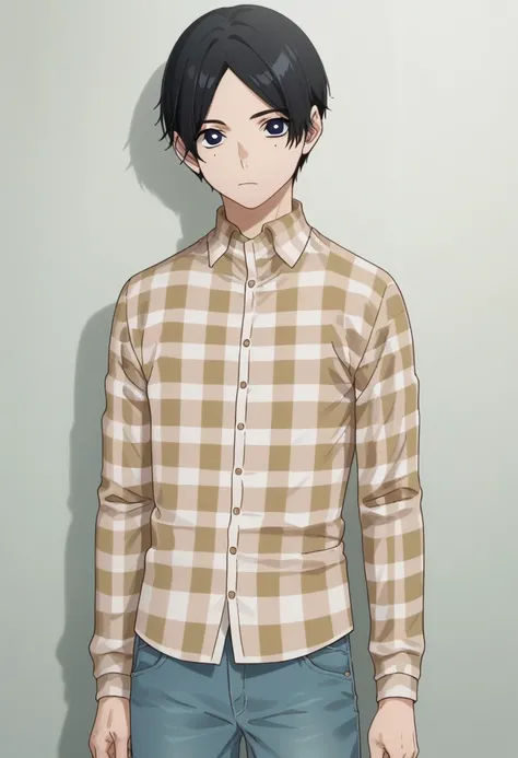 score_9, score_8_up, score_7_up, source_anime, highly detailed, 
yotasuke. solo, shirt, black hair, 1boy, male focus,, pants, plaid shirt, looking at viewer, black eyes, long sleeves, short hair mole, collared shirt, mole under eye, plaid, closed mouth, de...