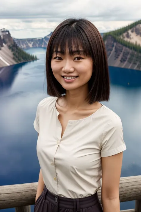 Asian woman, closeup, (shirt), pants, (crater lake national park), (), smiling , KM_xuyen, wide shoulders, perfect face, (contact iris: 1.1), pale skin, skin pores , depth of field