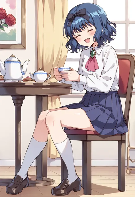 score_9, score_8_up, score_7_up, source_anime BREAK
aizawa mint, solo, 1girl, blue hair, teapot, teacup, closed eyes, chair, table, short hair, sitting, hair bow, kneehighs, open mouth, smile, long sleeves, white legwear, wavy hair, brooch, loafers, tiered...