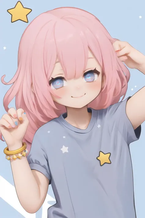 1girl,one eye closed,long hair,cat,blue eyes,pink hair,shirt,pink nails,smile,nail polish,star (symbol),animal,bracelet,short sleeves,stretching,solo,jewelry,upper body,looking at viewer,blue shirt,own hands together,shiny,closed mouth1girl,one eye closed,...